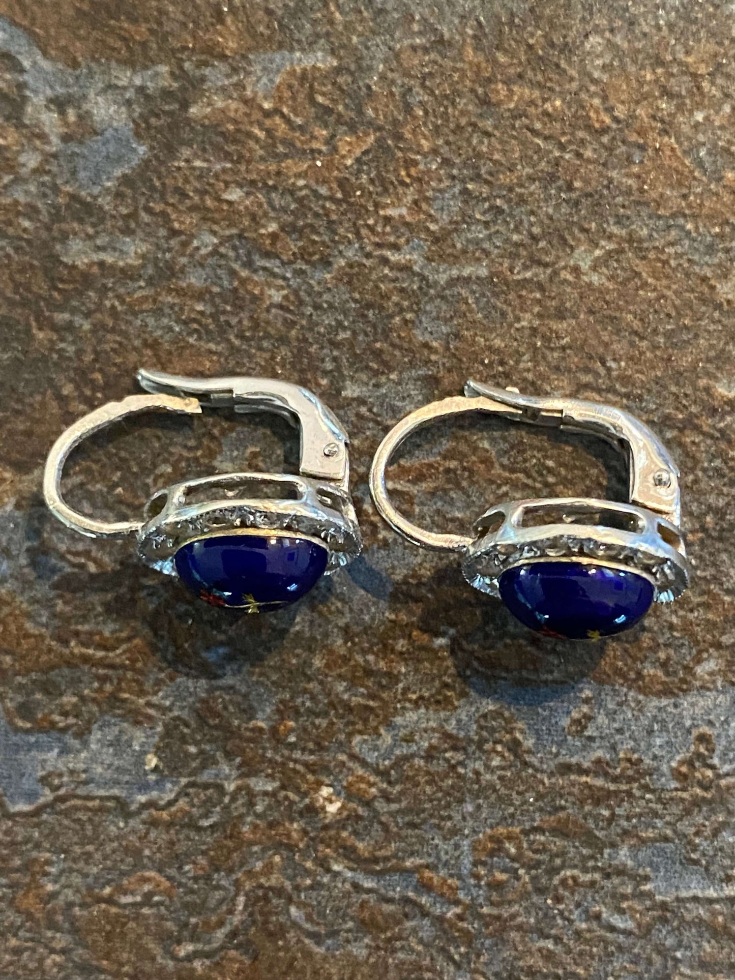 White gold antique earrings enamel and diamonds