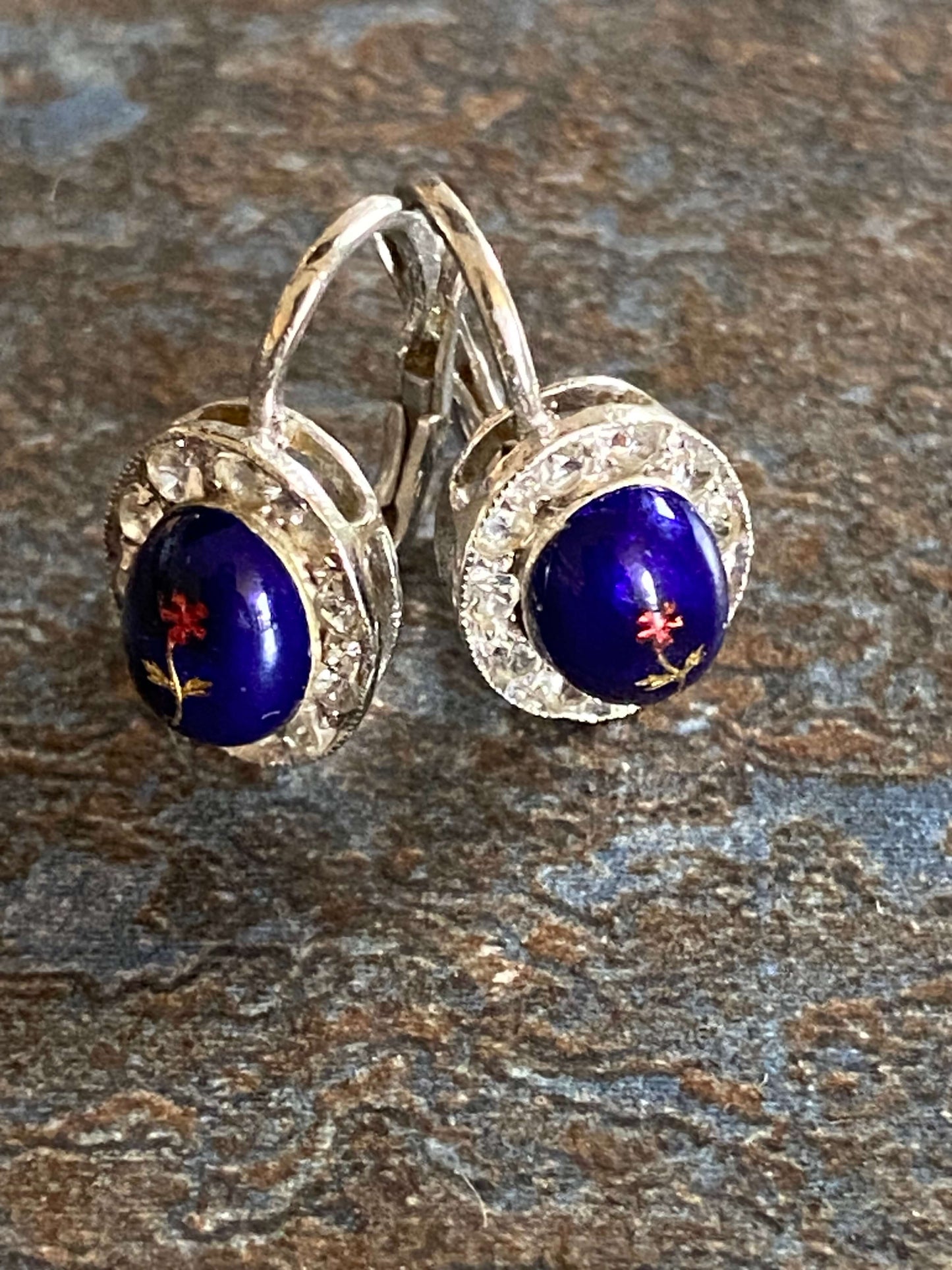 White gold antique earrings enamel and diamonds