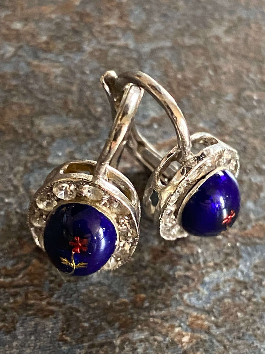 White gold antique earrings enamel and diamonds