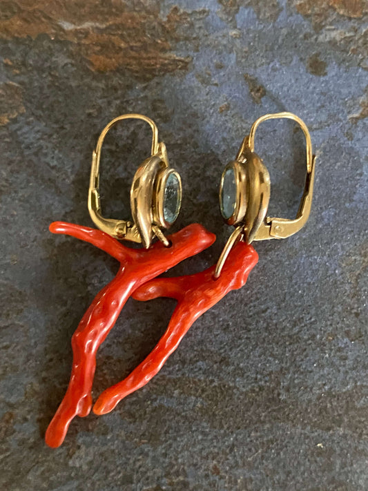 Golden antique earrings with topaz and coral